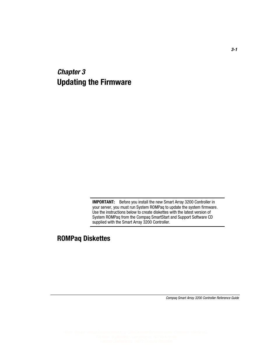 Chapter 3: updating the firmware, Chapter 3, Updating the firmware | Rompaq diskettes | Compaq 3200 User Manual | Page 32 / 211