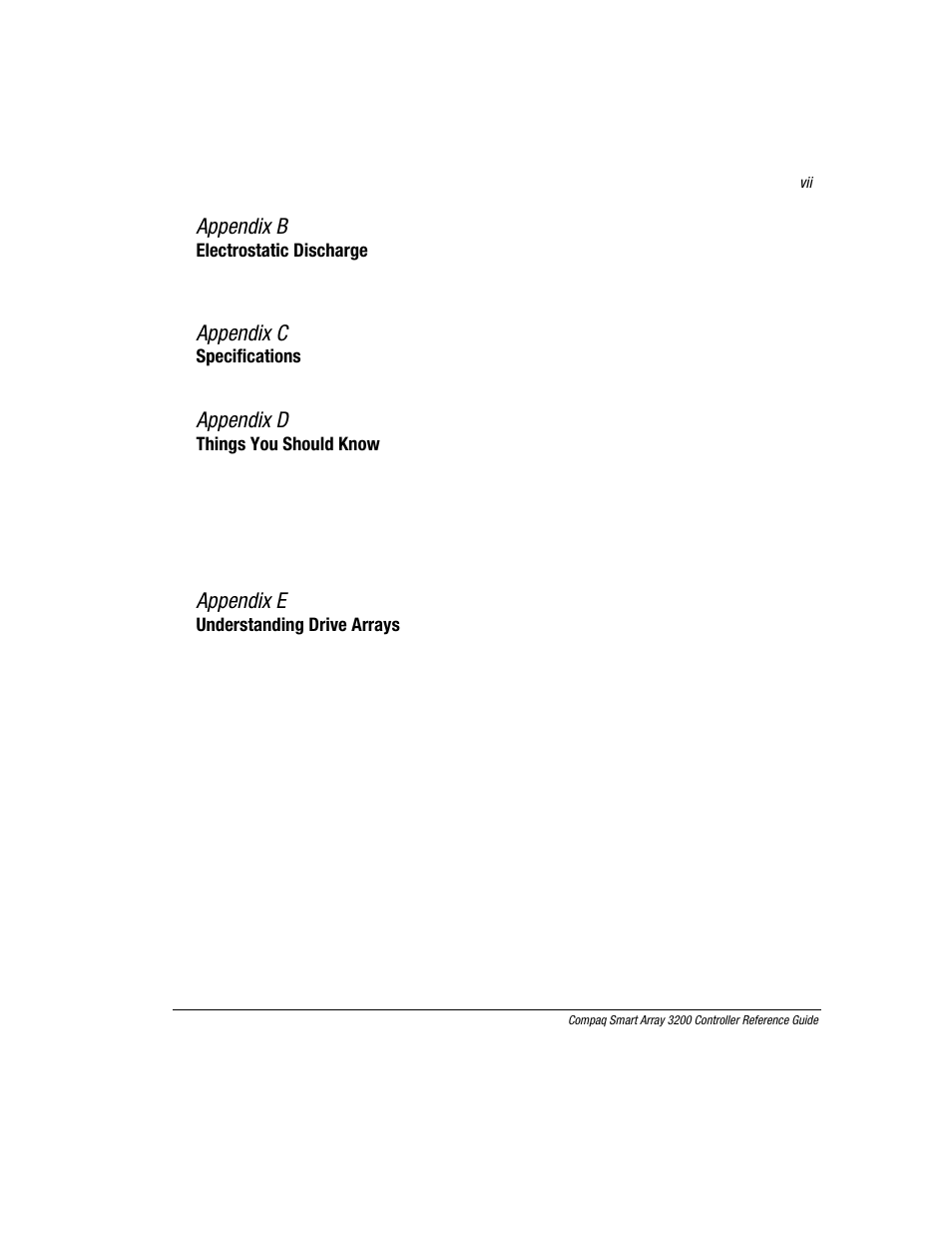 Appendix b, Appendix c, Appendix d | Appendix e | Compaq 3200 User Manual | Page 7 / 211