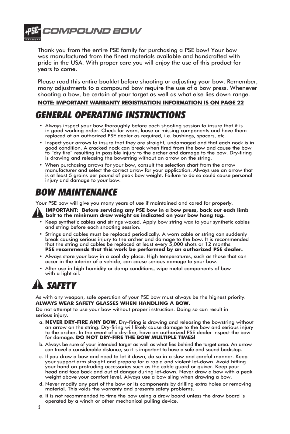 Compound bow terminology, General operating instructions, Bow maintenance | Safety, Compound bow, User’s guide | PSE Archery Bow 2013 User Manual | Page 2 / 24