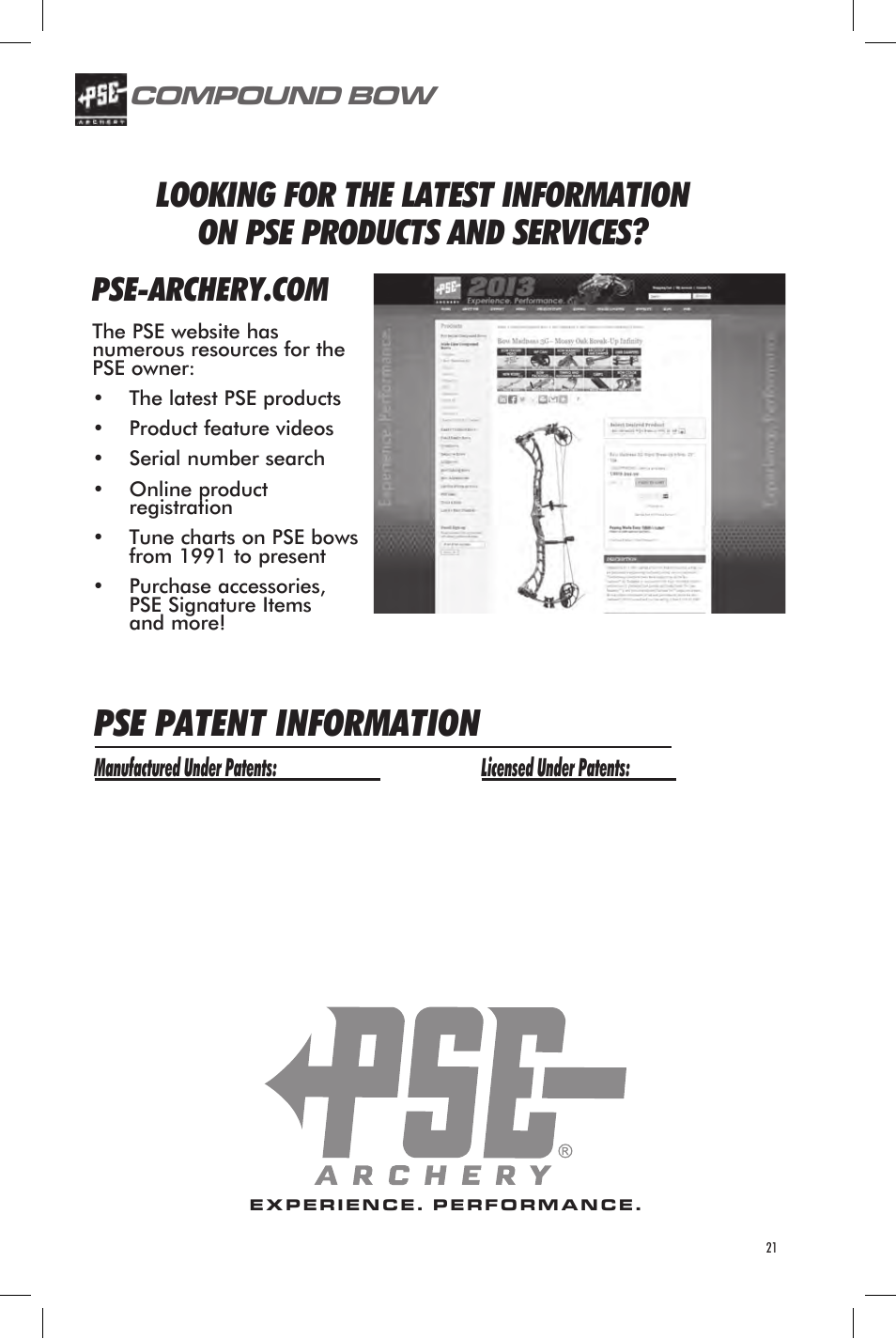 Pse x technology, Pse patent information, Compound bow | Manufactured under patents: licensed under patents | PSE Archery Bow 2013 User Manual | Page 21 / 24