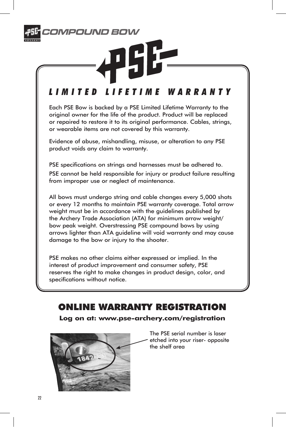 Online warranty registration, Compound bow | PSE Archery Bow 2013 User Manual | Page 22 / 24