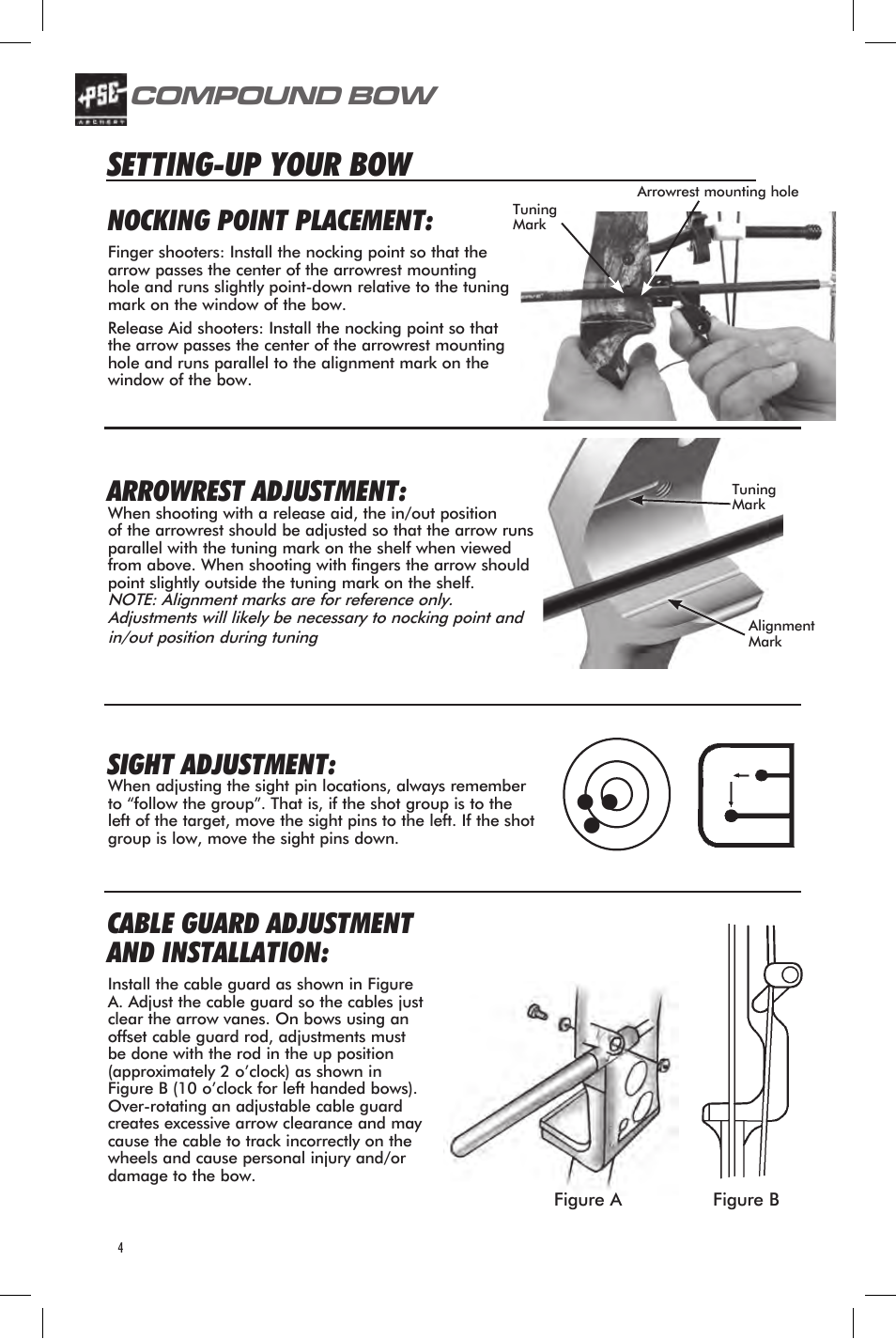 Setting-up your bow, Nocking point placement, Arrowrest adjustment | Sight adjustment, Cable guard adjustment and installation, Compound bow | PSE Archery Bow 2013 User Manual | Page 4 / 24