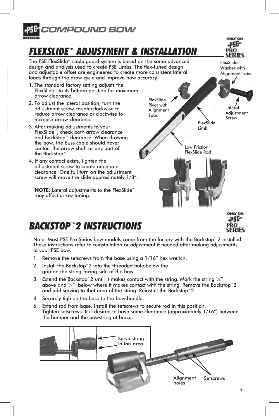 Backstop, 2 instructions, Flexslide | Adjustment & installation, Compound bow, User’s guide | PSE Archery Bow 2013 User Manual | Page 5 / 24