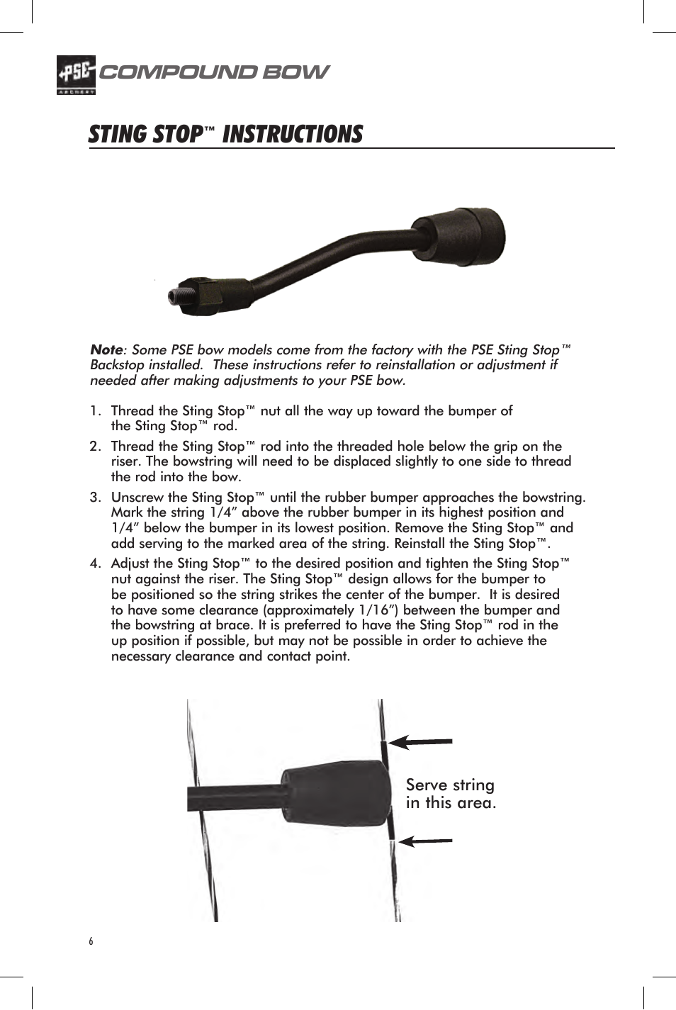 Sting stop, Instructions, Compound bow | PSE Archery Bow 2013 User Manual | Page 6 / 24