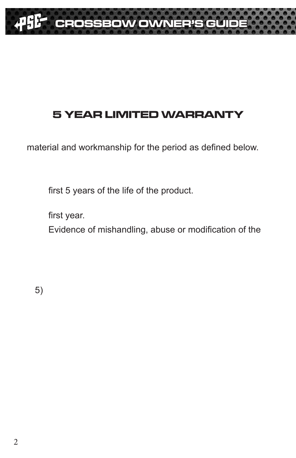 Crossbow owner’s guide, 5 year limited warranty | PSE Archery TAC 2013 User Manual | Page 2 / 22