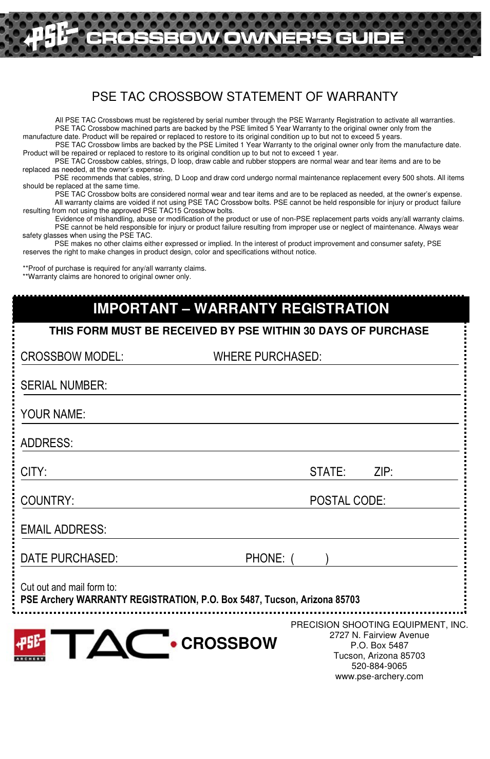 Crossbow owner’s guide, Crossbow, Important – warranty registration | Pse tac crossbow statement of warranty | PSE Archery TAC 2013 User Manual | Page 21 / 22