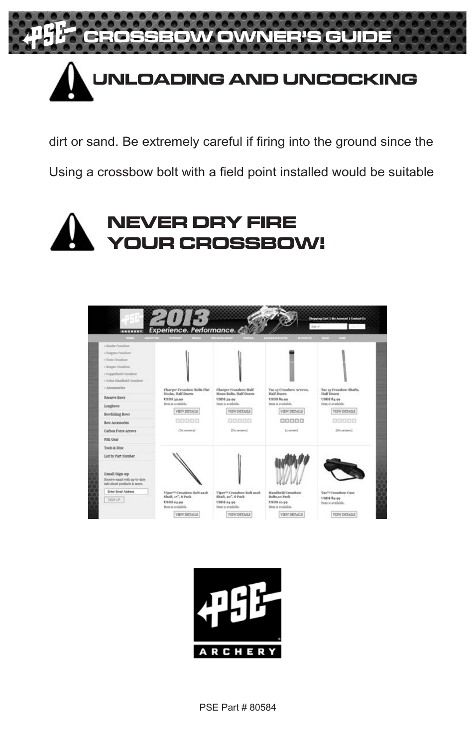 Never dry fire your crossbow, Crossbow owner’s guide, Unloading and uncocking | PSE Archery TAC 2013 User Manual | Page 22 / 22
