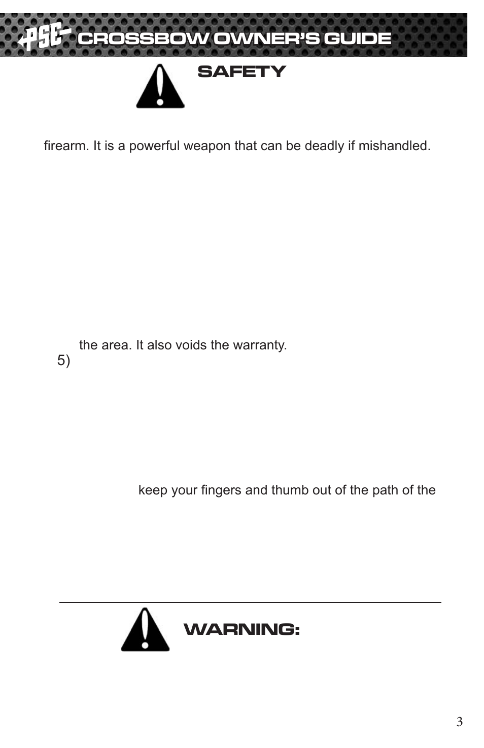Crossbow owner’s guide, Safety, Warning | PSE Archery TAC 2013 User Manual | Page 3 / 22