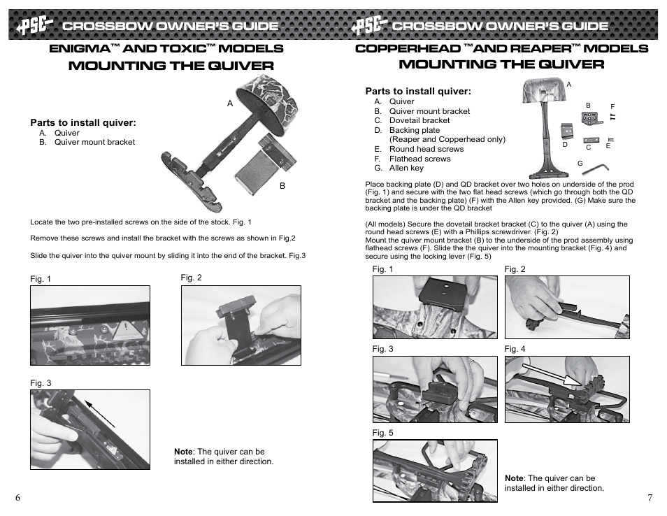 Mounting the quiver, Crossbow owner’s guide, Copperhead | And reaper, Models enigma, And toxic, Models | PSE Archery Crossbow 2013 User Manual | Page 4 / 7
