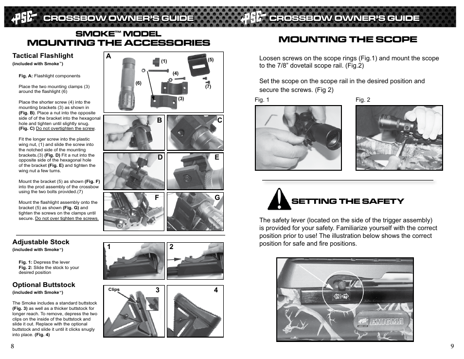 Mounting the scope, Mounting the accessories, Crossbow owner’s guide | Setting the safety, Smoke, Model | PSE Archery Crossbow 2013 User Manual | Page 5 / 7