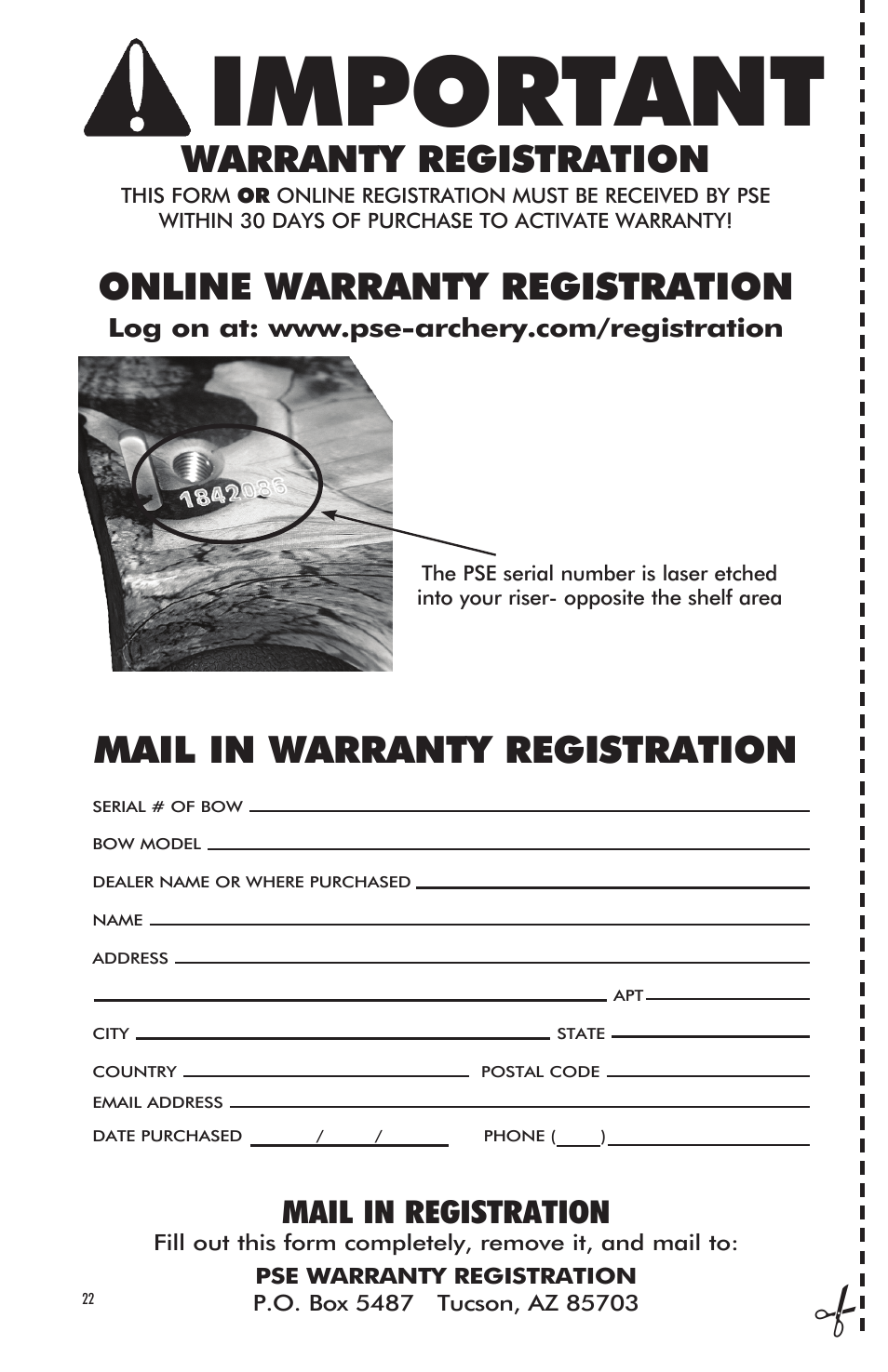 Important, Warranty registration, Online warranty registration | Mail in warranty registration, Mail in registration | PSE Archery Bow 2012 User Manual | Page 22 / 24