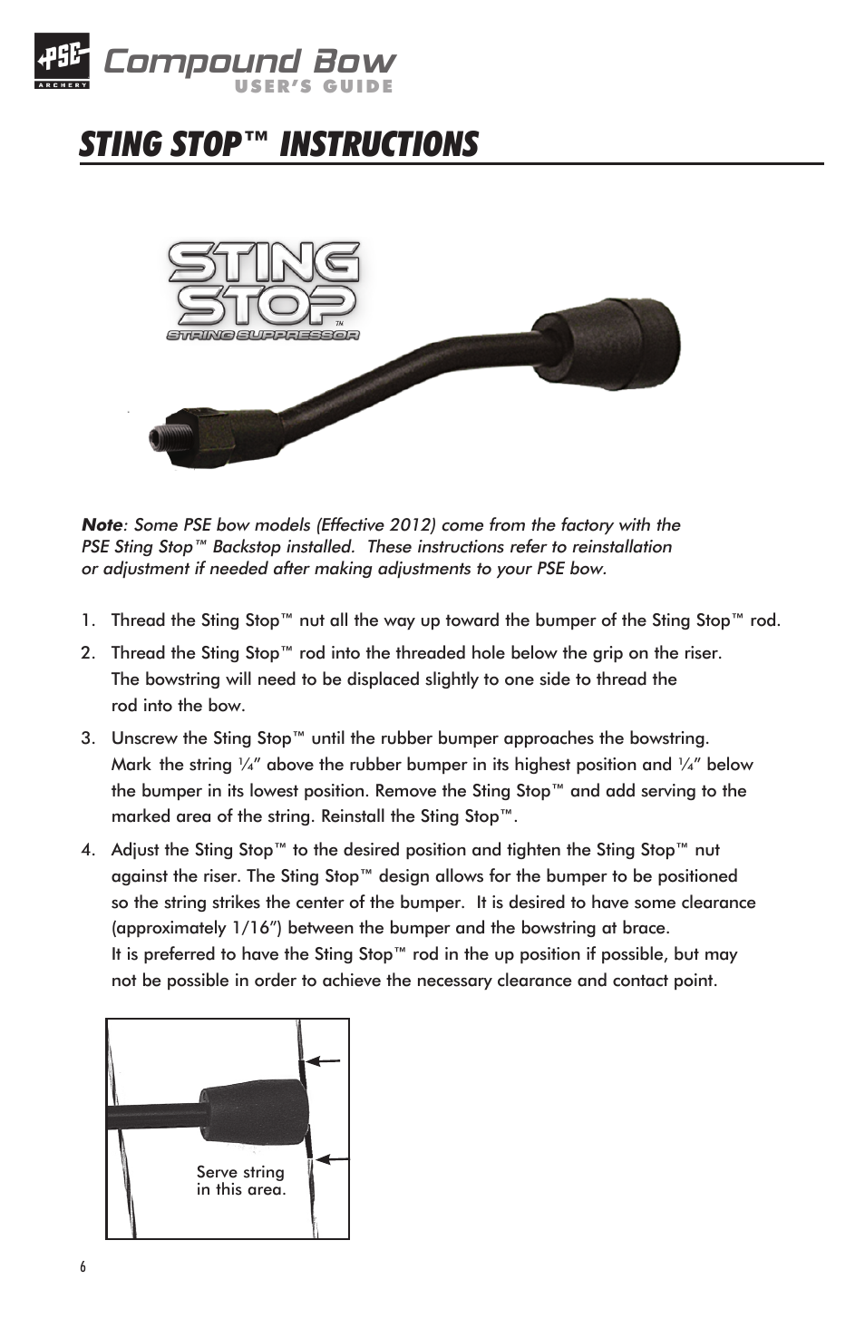 Compound bow, Sting stop™ instructions | PSE Archery Bow 2012 User Manual | Page 6 / 24