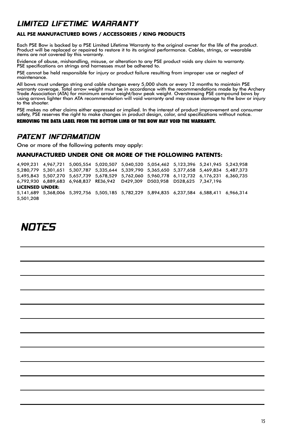 Limited lifetime warranty, Patent information | PSE Archery Bow 2009 User Manual | Page 15 / 16