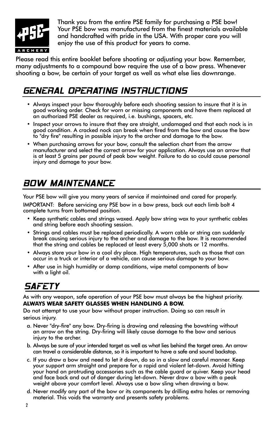General operating instructions, Bow maintenance, Safety | PSE Archery Bow 2009 User Manual | Page 2 / 16