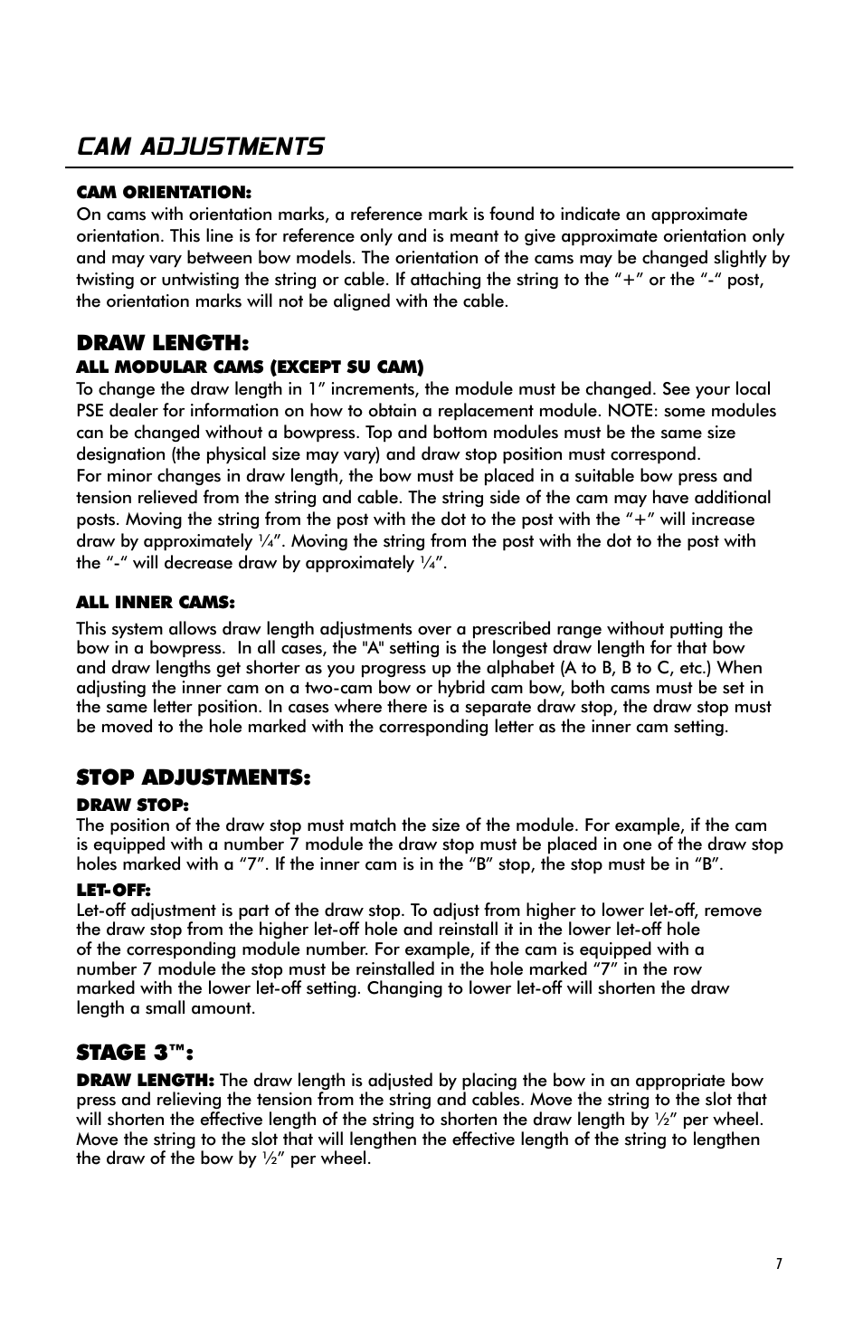 Cam adjustments | PSE Archery Bow 2009 User Manual | Page 7 / 16