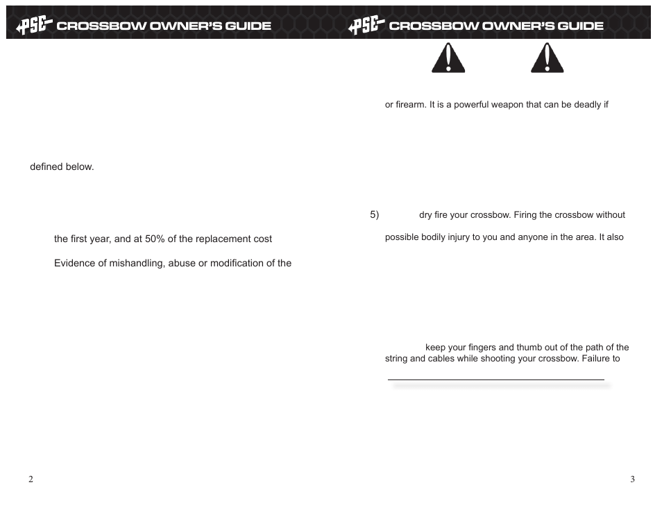 Limited lifetime warranty, Safety, Warning | PSE Archery Crossbow User Manual | Page 2 / 7