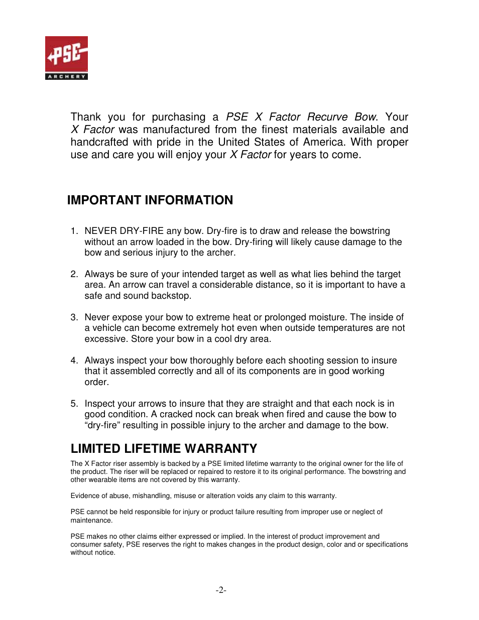 Limited lifetime warranty, Important information | PSE Archery X Factor User Manual | Page 2 / 8
