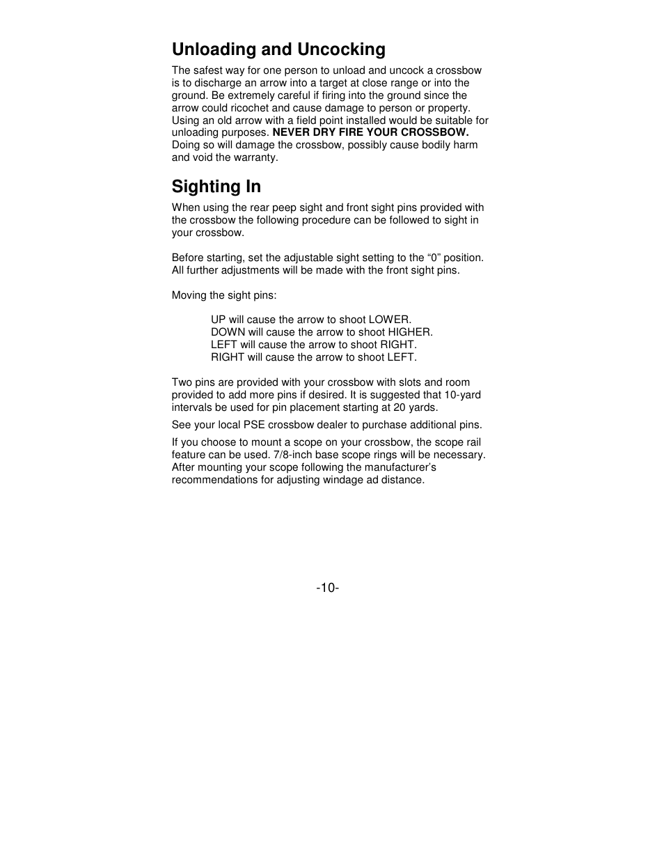 Unloading and uncocking, Sighting in | PSE Archery Viper Series Crossbow User Manual | Page 10 / 11