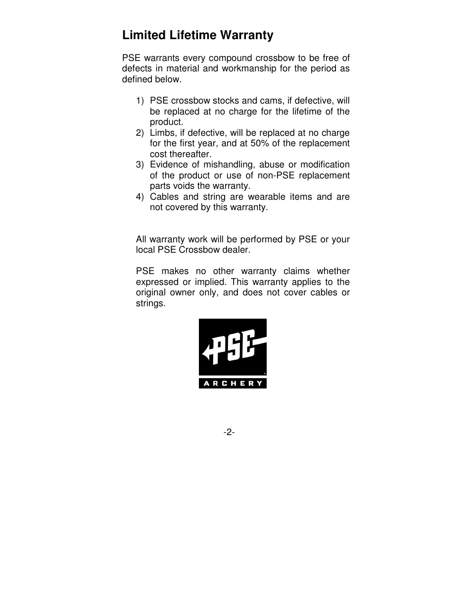 Limited lifetime warranty | PSE Archery Viper Series Crossbow User Manual | Page 2 / 11