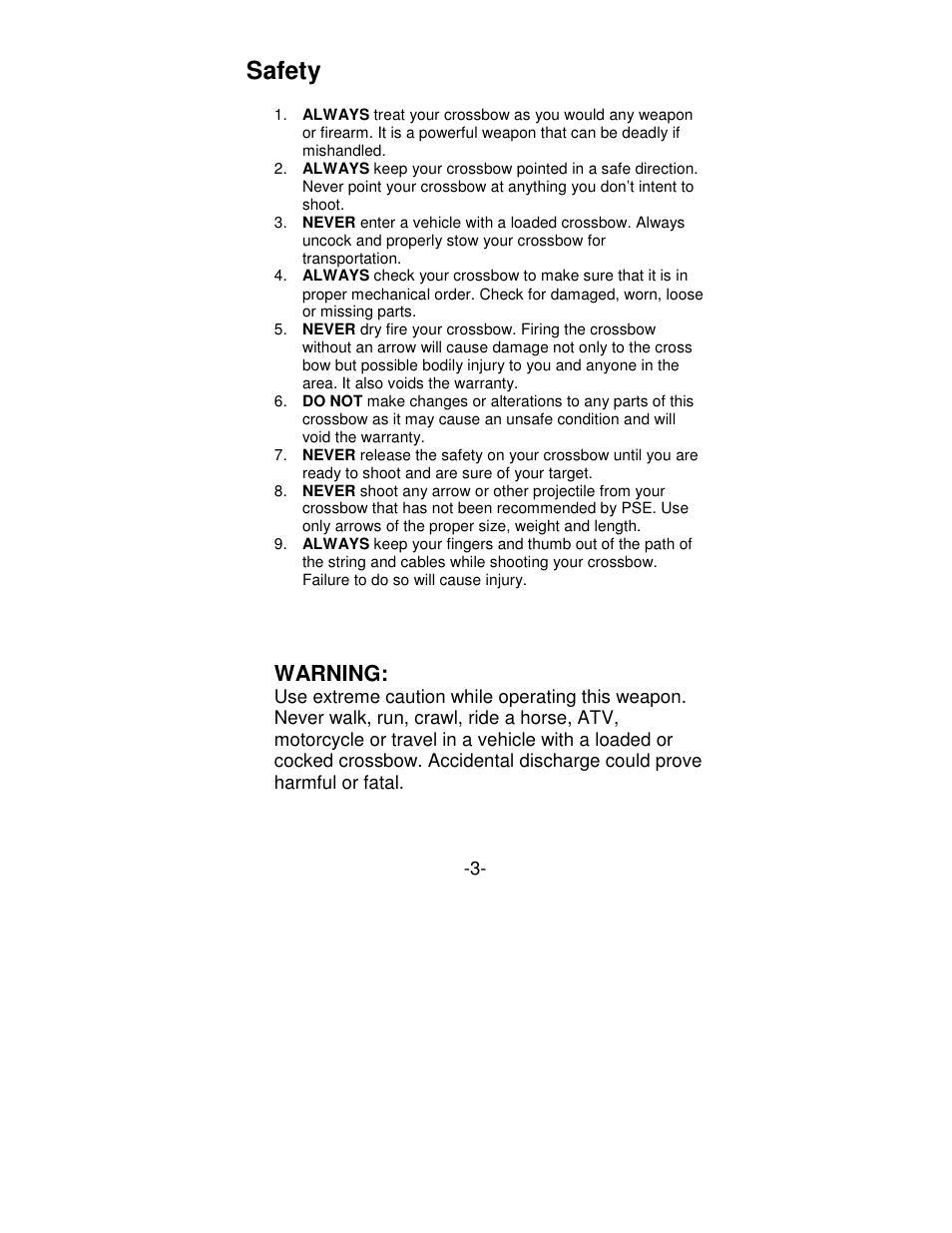 Safety, Warning | PSE Archery Viper Series Crossbow User Manual | Page 3 / 11