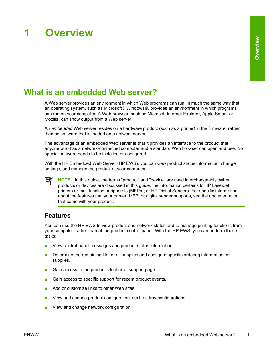 Overview, What is an embedded web server, Features | 1 overview, 1overview | HP LaserJet 4700 User Manual | Page 11 / 68