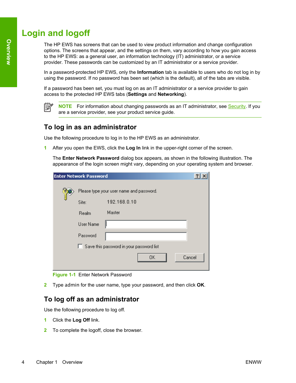 Login and logoff, To log in as an administrator, To log off as an administrator | Figure 1-1, Enter network password | HP LaserJet 4700 User Manual | Page 14 / 68
