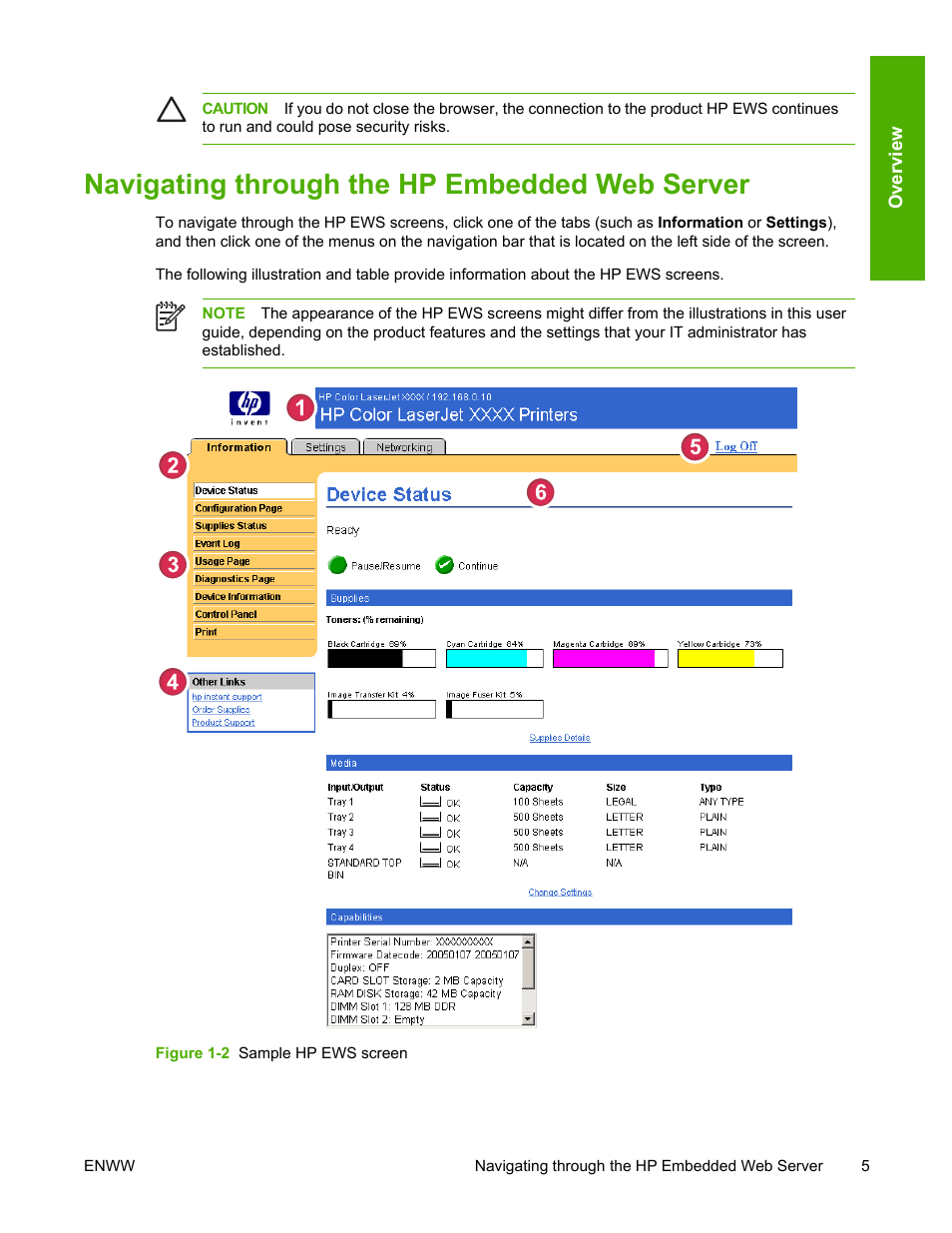 Navigating through the hp embedded web server, Figure 1-2, Sample hp ews screen | HP LaserJet 4700 User Manual | Page 15 / 68