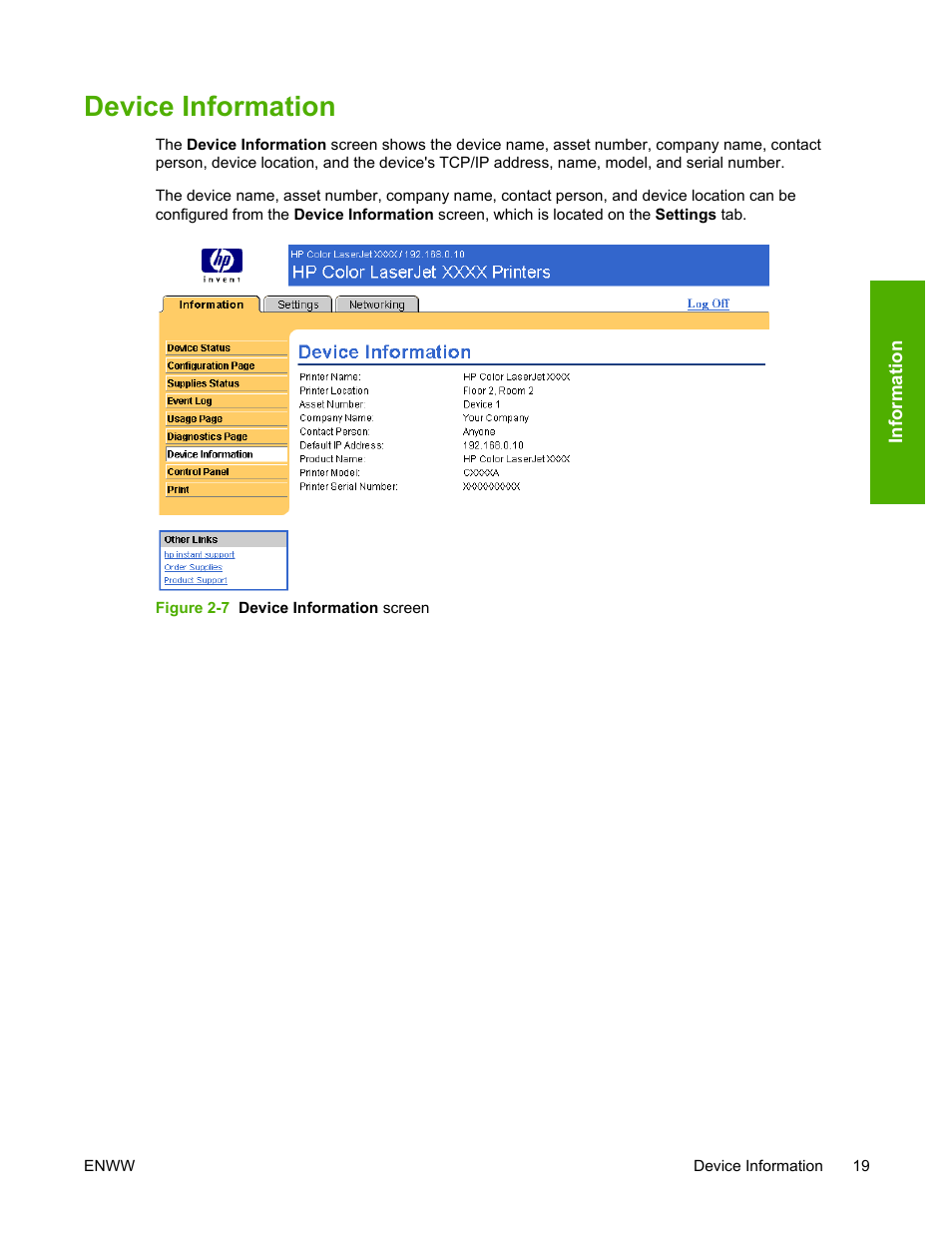 Device information, Figure 2-7, Device information screen | HP LaserJet 4700 User Manual | Page 29 / 68