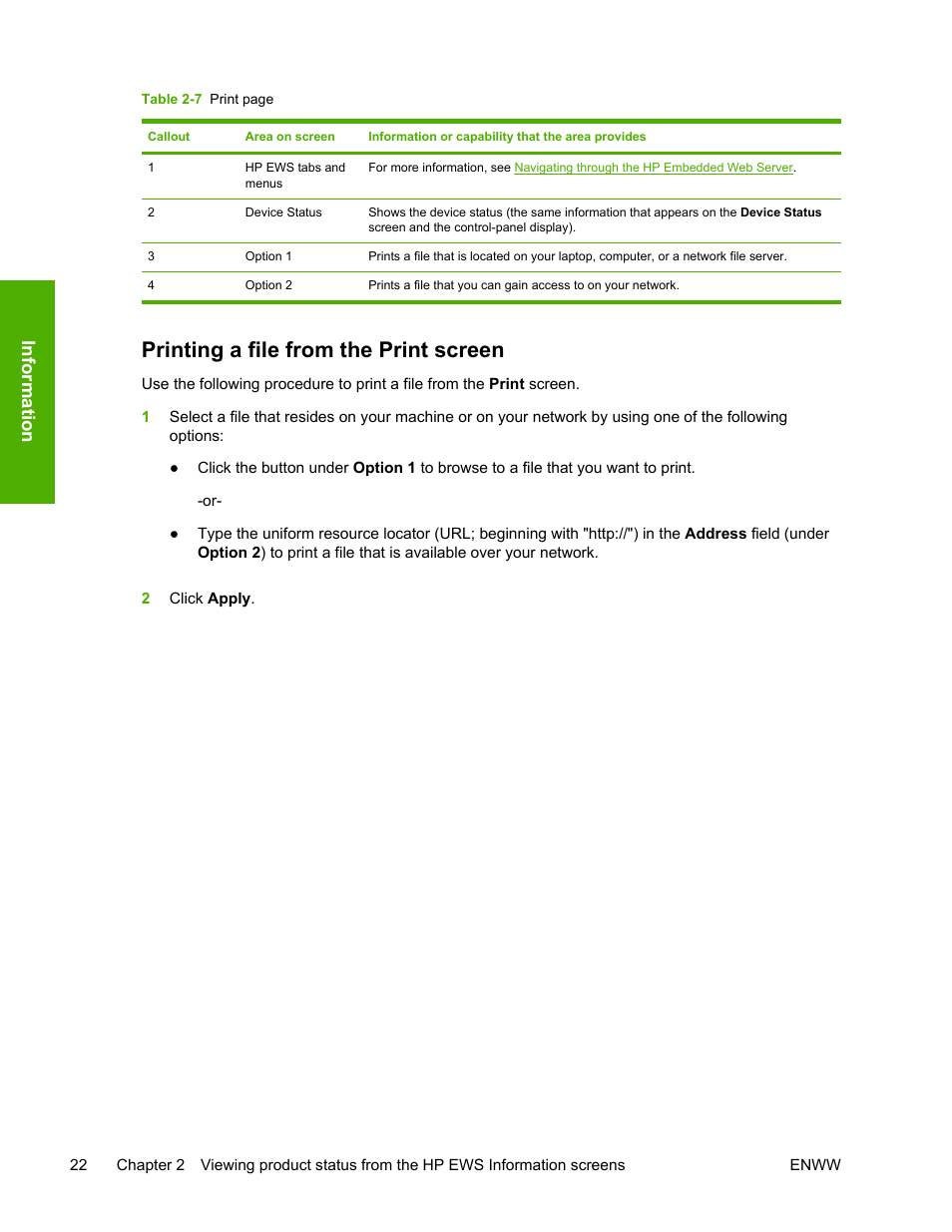 Printing a file from the print screen, Table 2-7, Information | HP LaserJet 4700 User Manual | Page 32 / 68