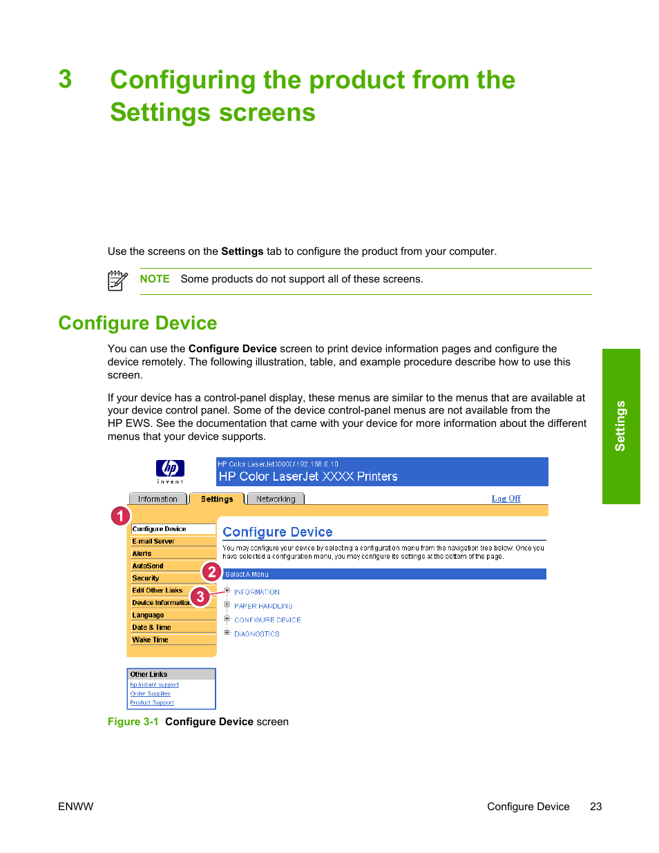 Configuring the product from the settings screens, Configure device, Figure 3-1 | Configure device screen, Configuring the product from the, Settings screens, Configuring the product from, The settings screens, 3configuring the product from the settings screens | HP LaserJet 4700 User Manual | Page 33 / 68