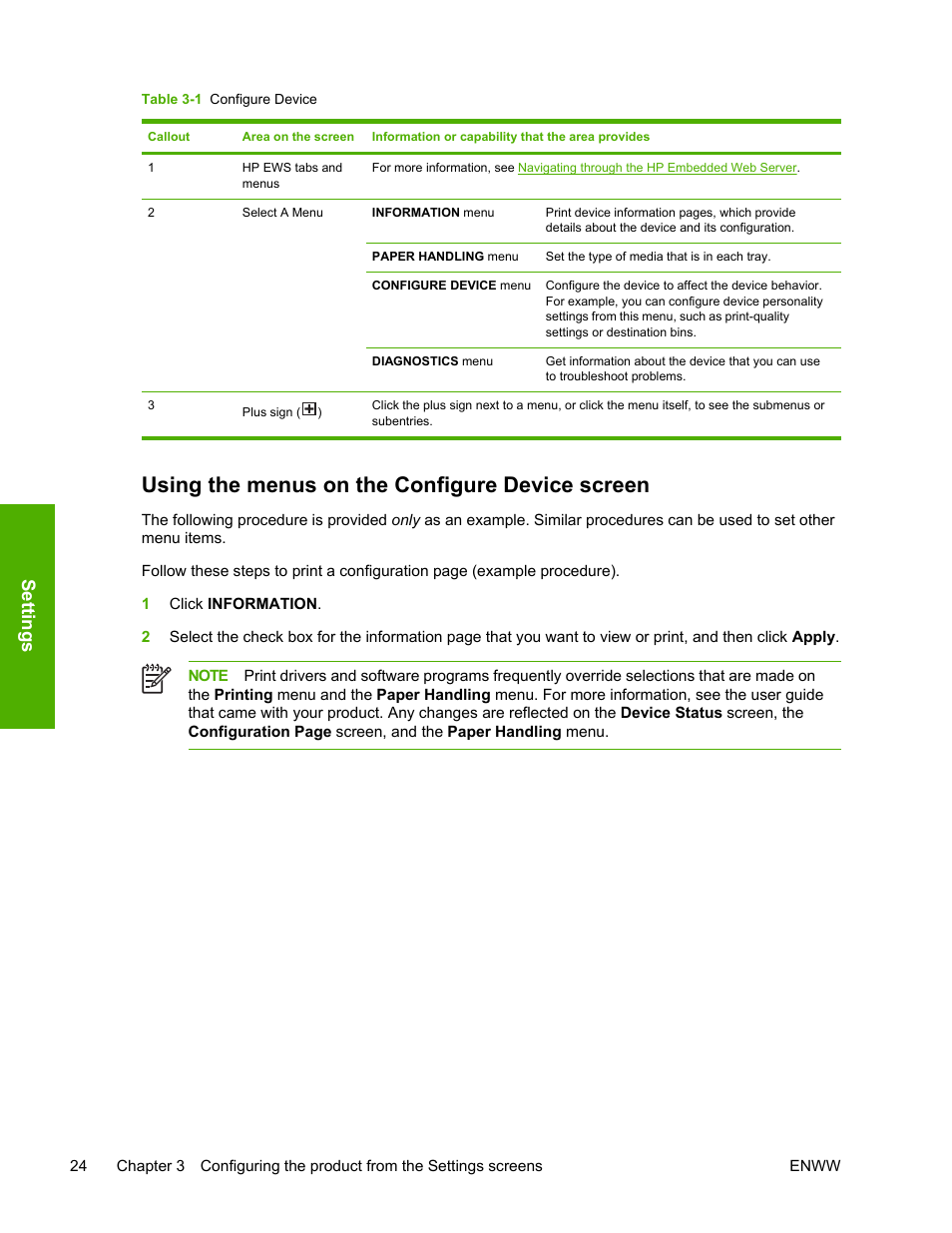 Using the menus on the configure device screen, Table 3-1, Configure device | Settings | HP LaserJet 4700 User Manual | Page 34 / 68