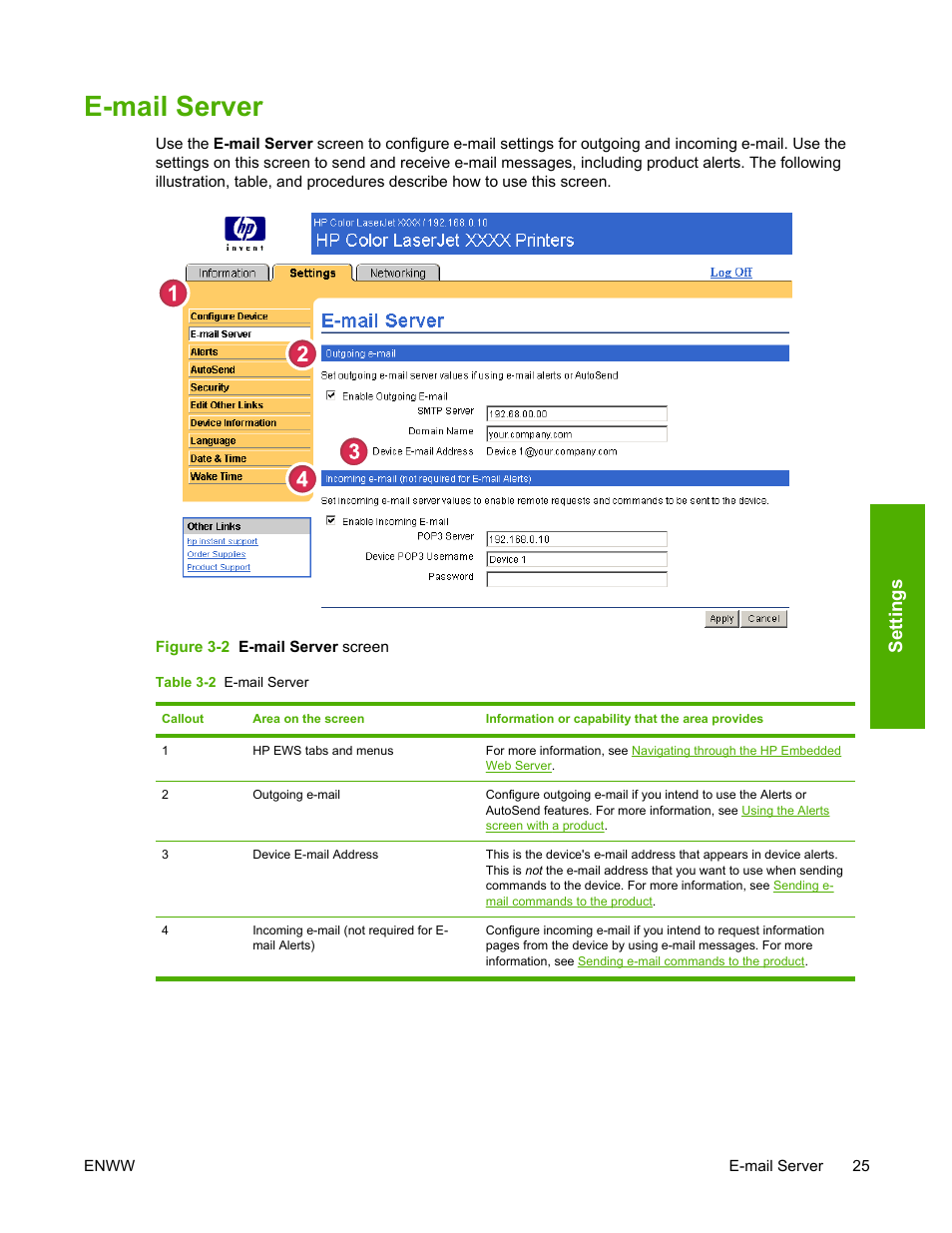 E-mail server, Table 3-2, Figure 3-2 | E-mail server screen, Settings | HP LaserJet 4700 User Manual | Page 35 / 68