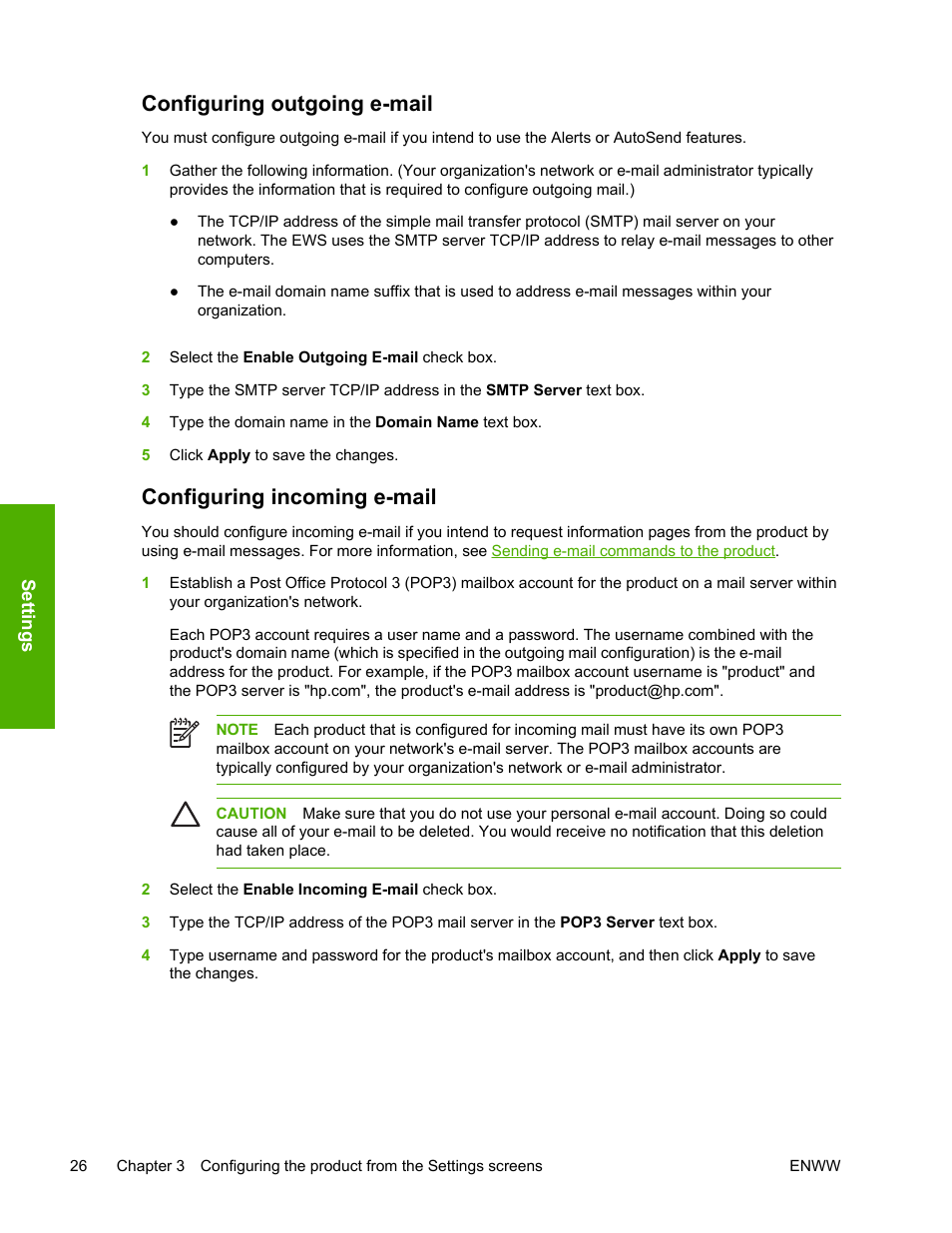 Configuring outgoing e-mail, Configuring incoming e-mail | HP LaserJet 4700 User Manual | Page 36 / 68