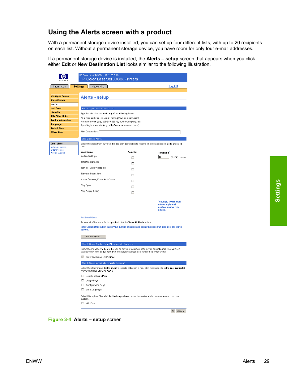 Using the alerts screen with a product, Figure 3-4, Alerts – setup screen | Using the alerts, Screen with a product | HP LaserJet 4700 User Manual | Page 39 / 68