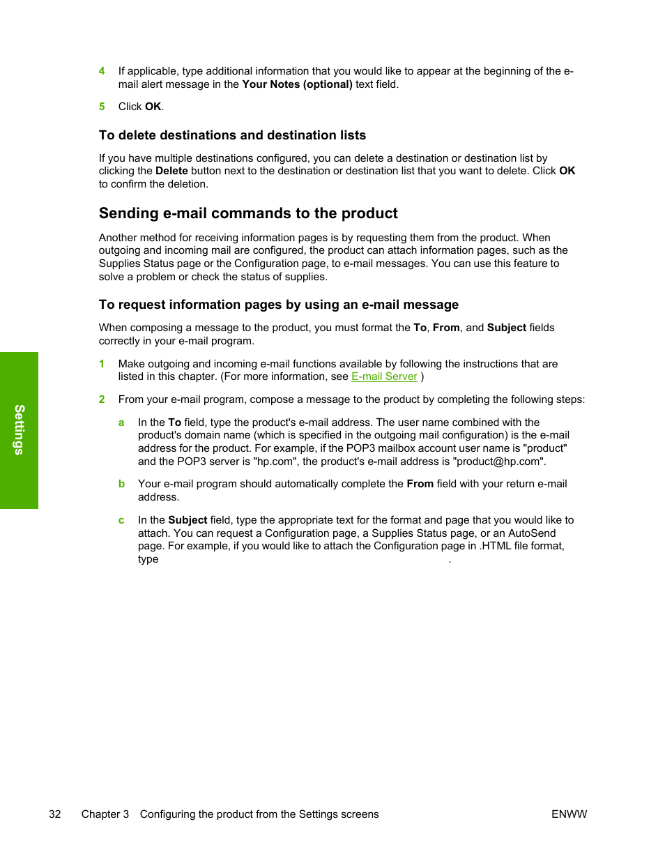 To delete destinations and destination lists, Sending e-mail commands to the product, Sending e | Mail commands to the product | HP LaserJet 4700 User Manual | Page 42 / 68