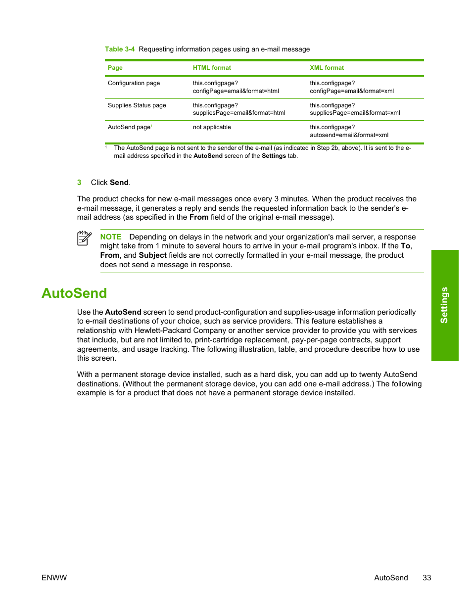 Autosend, Table 3-4, Settings | HP LaserJet 4700 User Manual | Page 43 / 68