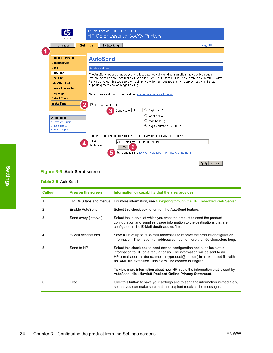 Table 3-5, Autosend, Figure 3-6 | Autosend screen, Settings | HP LaserJet 4700 User Manual | Page 44 / 68