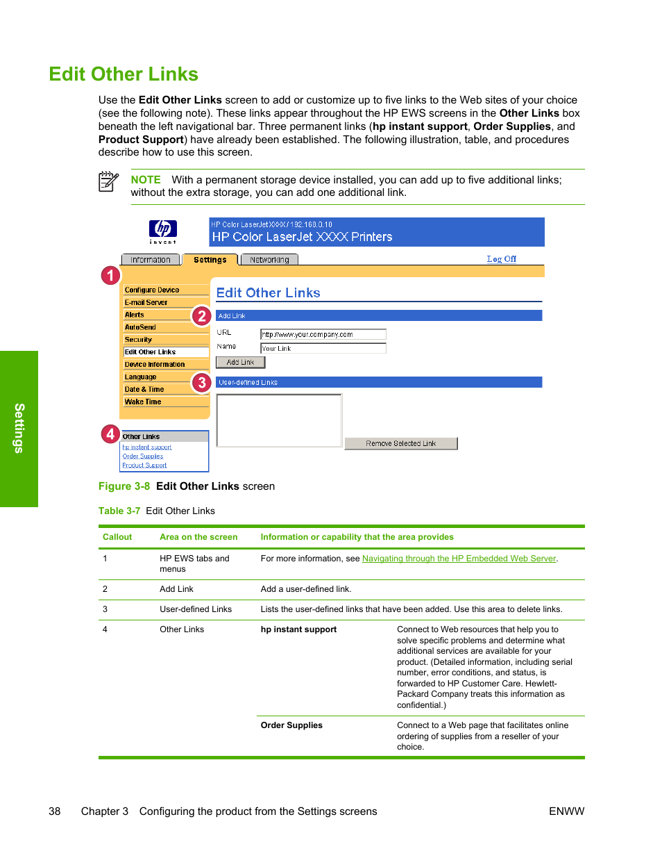 Edit other links, Table 3-7, Figure 3-8 | Edit other links screen, Settings | HP LaserJet 4700 User Manual | Page 48 / 68