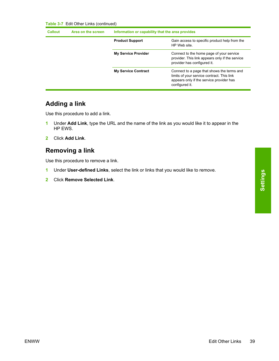 Adding a link, Removing a link, Adding a link removing a link | Settings | HP LaserJet 4700 User Manual | Page 49 / 68