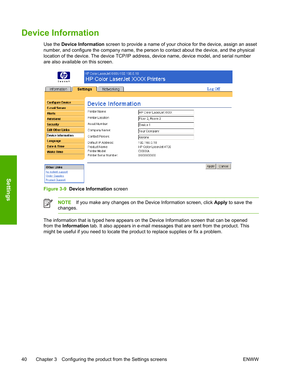 Device information, Figure 3-9, Device information screen | HP LaserJet 4700 User Manual | Page 50 / 68