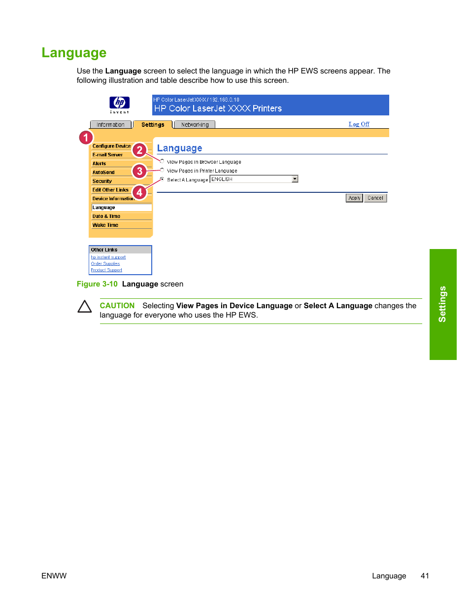 Language, Figure 3-10, Language screen | HP LaserJet 4700 User Manual | Page 51 / 68