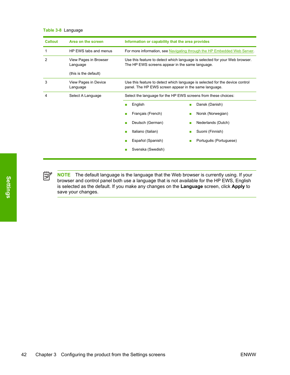 Table 3-8, Language, Settings | HP LaserJet 4700 User Manual | Page 52 / 68