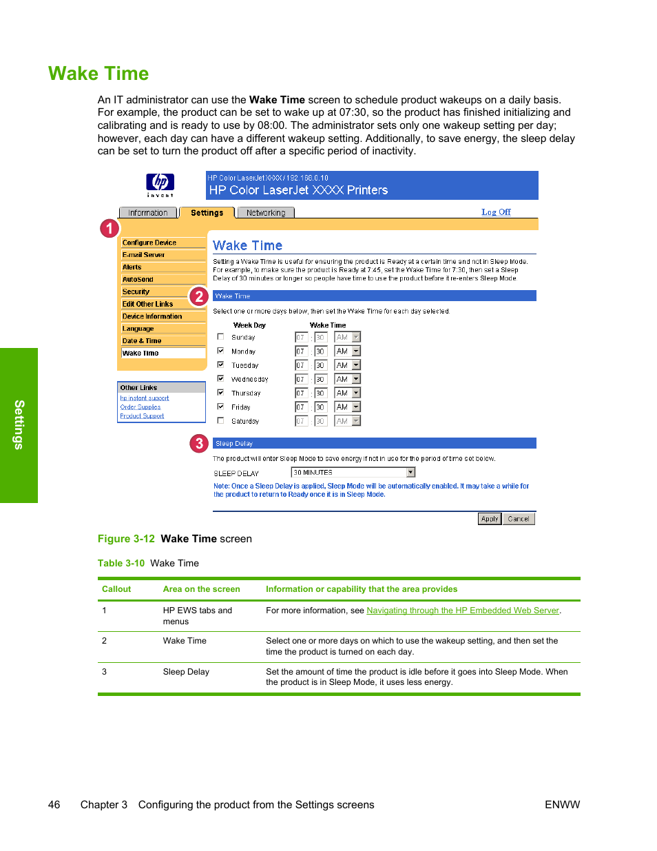 Wake time, Table 3-10, Figure 3-12 | Wake time screen, Settings | HP LaserJet 4700 User Manual | Page 56 / 68