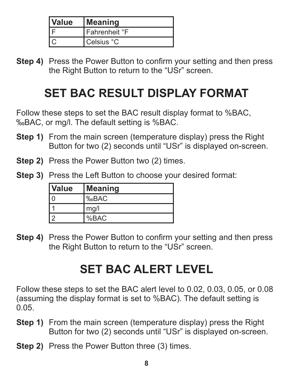 Set bac result display format, Set bac alert level | Q3 Innovations AlcoHAWK Beacon User Manual | Page 10 / 20