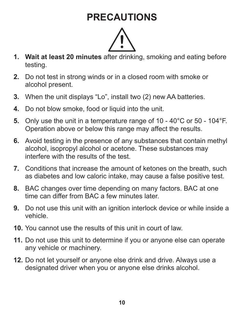 Precautions | Q3 Innovations AlcoHAWK Beacon User Manual | Page 12 / 20