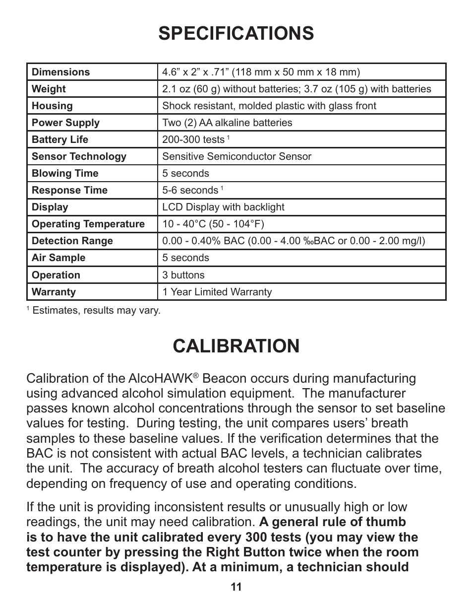 Specifications, Calibration, Calibration of the alcohawk | Q3 Innovations AlcoHAWK Beacon User Manual | Page 13 / 20