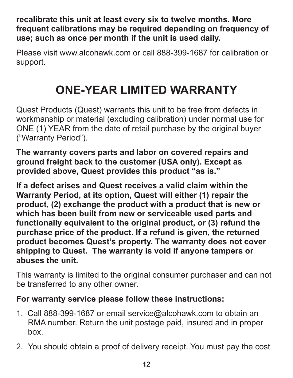 One-year limited warranty | Q3 Innovations AlcoHAWK Beacon User Manual | Page 14 / 20