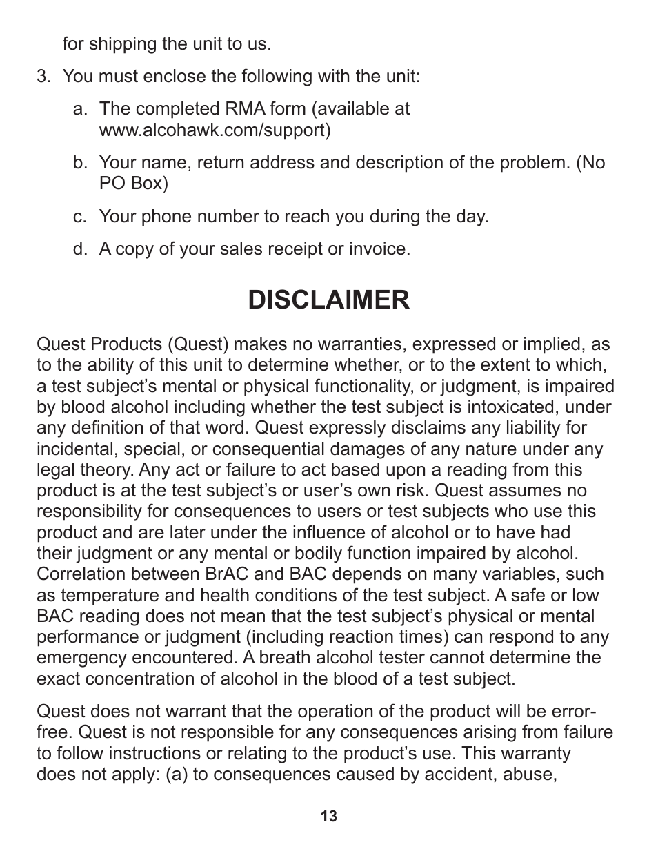 Disclaimer | Q3 Innovations AlcoHAWK Beacon User Manual | Page 15 / 20