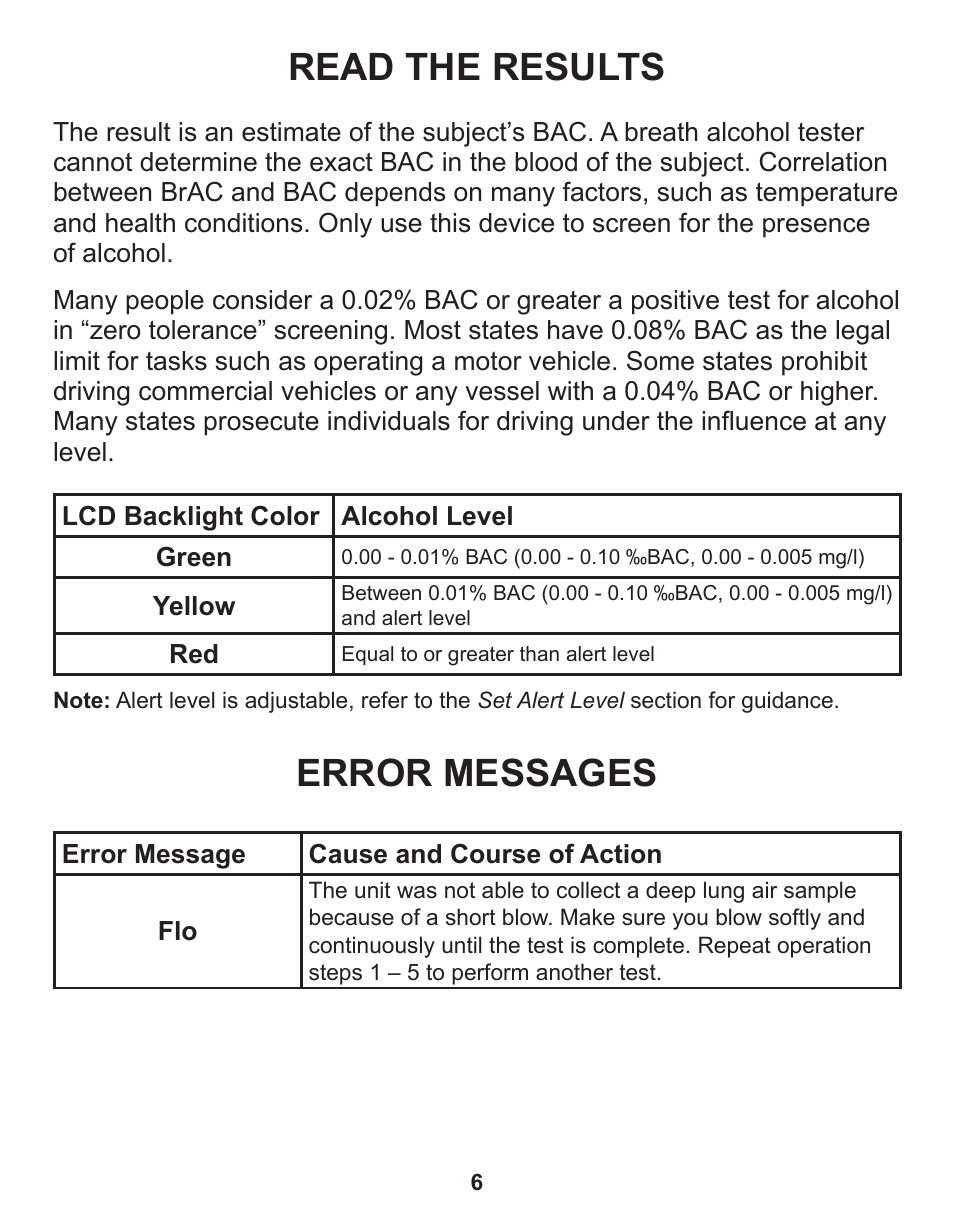 Read the results, Error messages | Q3 Innovations AlcoHAWK Beacon User Manual | Page 8 / 20