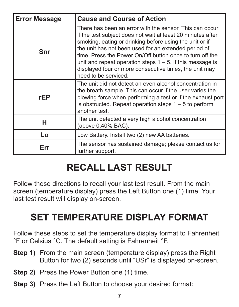 Recall last result, Set temperature display format | Q3 Innovations AlcoHAWK Beacon User Manual | Page 9 / 20